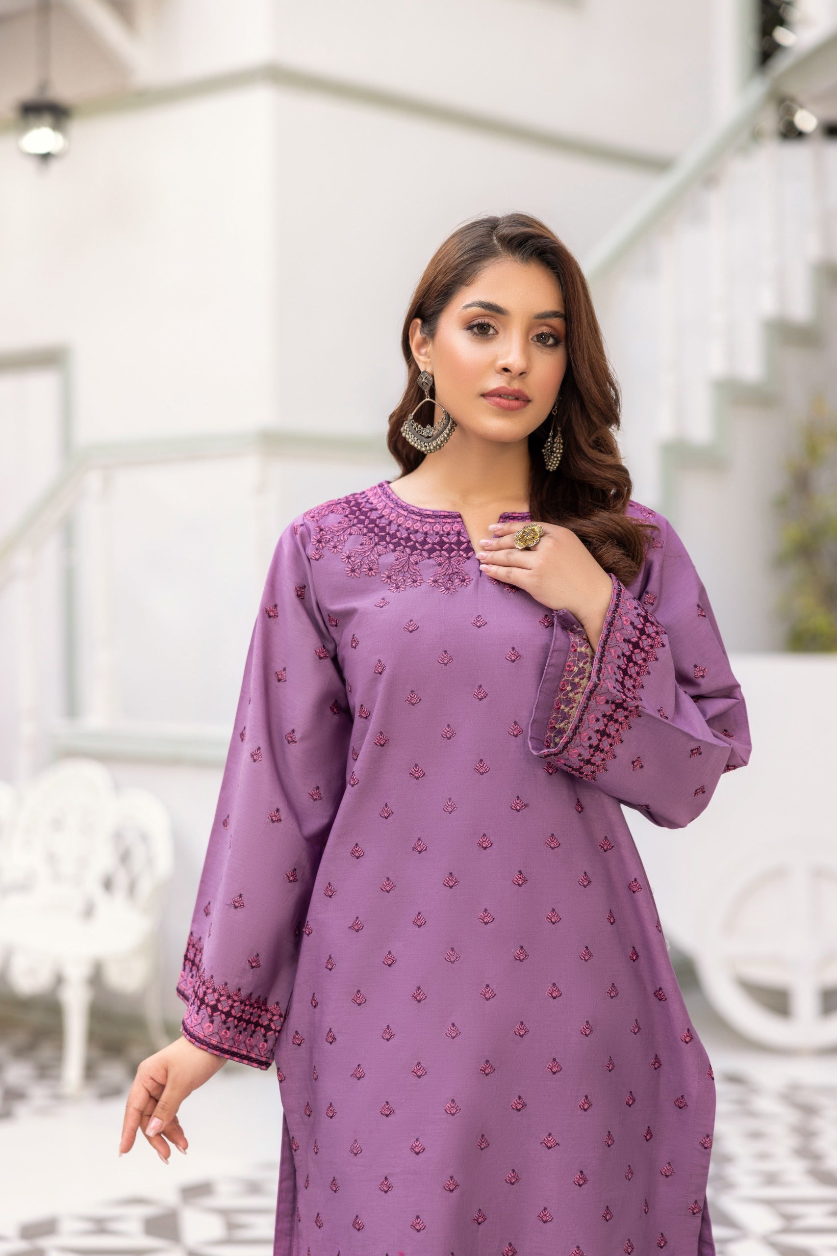 Purple Embroidered Poplin Suit